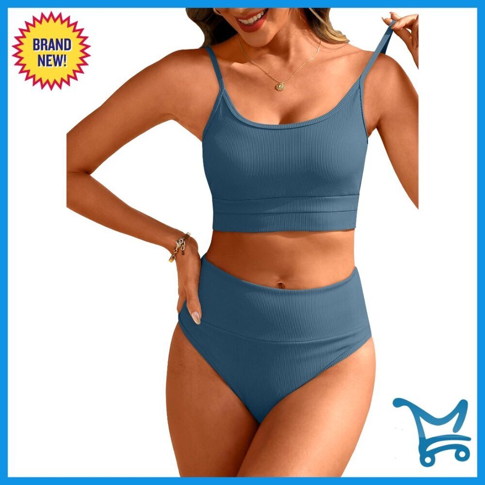 High Waisted Ribbed Bikini Set Tummy Control Adjustable Straps Summer Beach